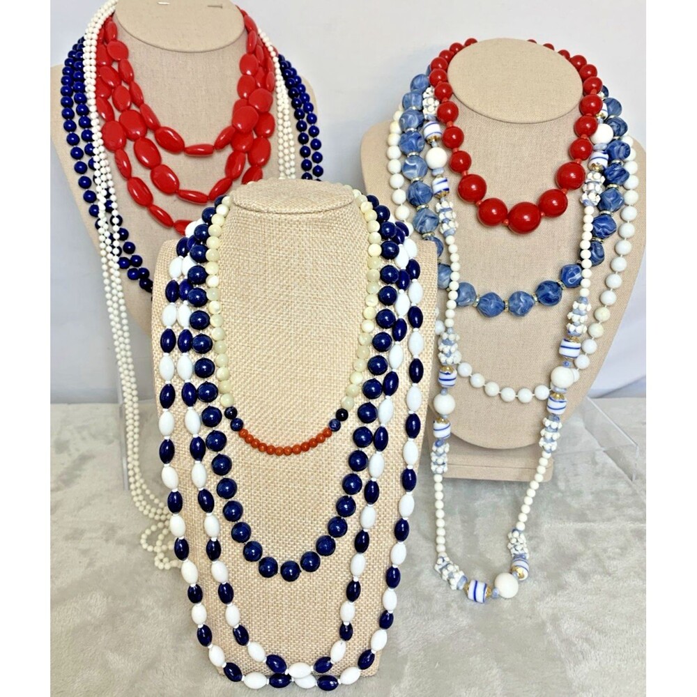 Vintage Patriotic Red White Blue Necklace Lot Retro Layering Beaded 10pc ❤️🤍💙